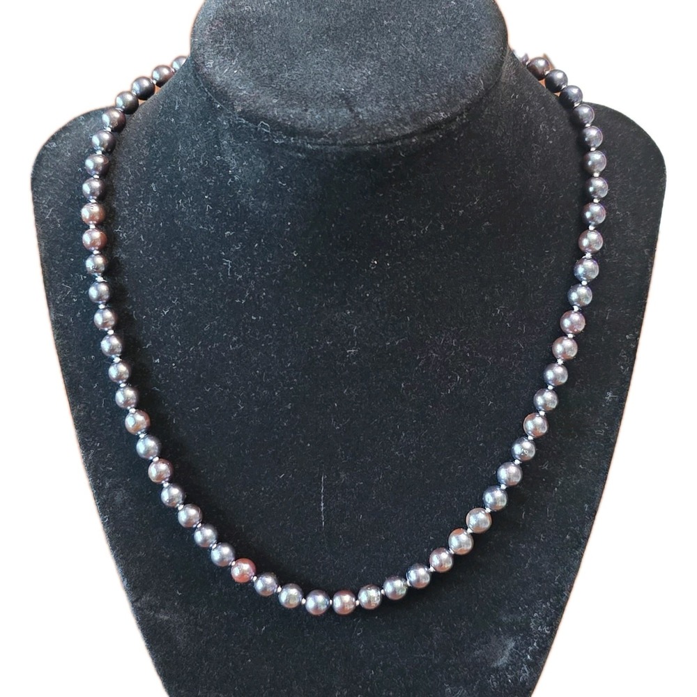 65-Pearl 14K Gold Necklace 17" Knotted Dyed Peacock Black Freshwater 5.5mm
